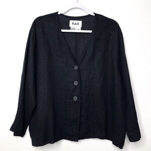 FLAX Black Linen Three Button Cardigan Shirt V-Neck